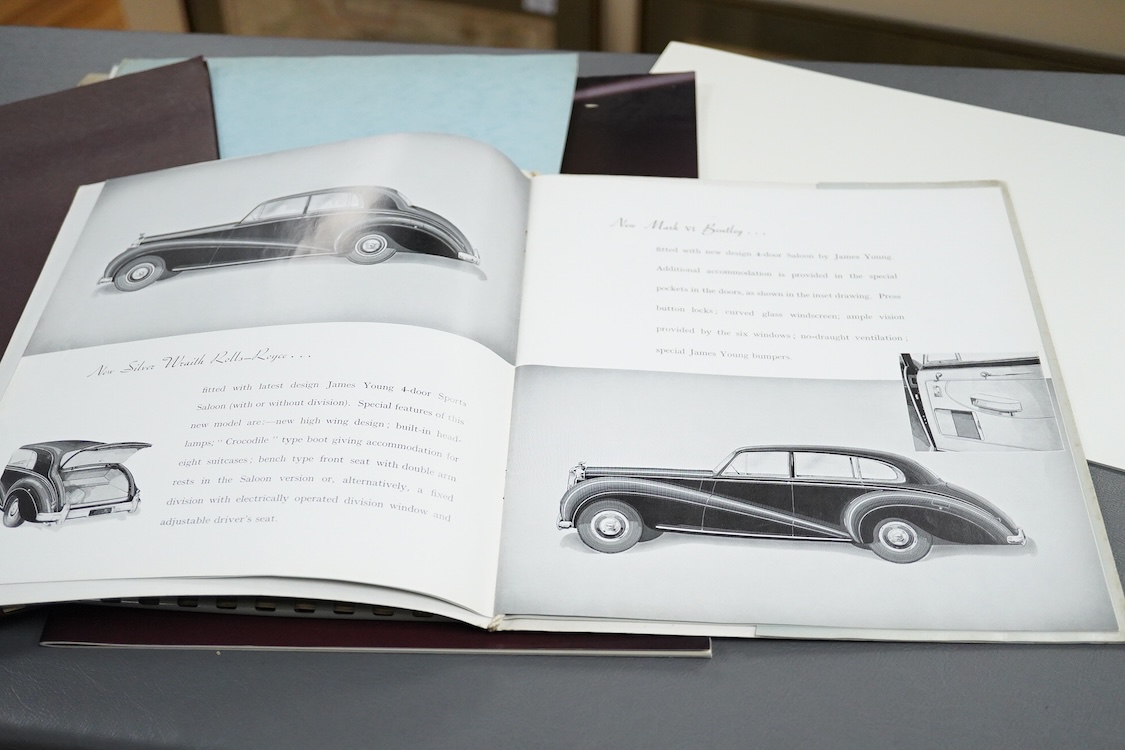 Seven 1940s to modern Rolls Royce and Bentley motor car manufacturer’s brochures; the Silver Wraith (produced 1946-58), the Bentley R Type Continental (produced 1952-55), the Rolls-Royce Silver Cloud II (produced 1959-66